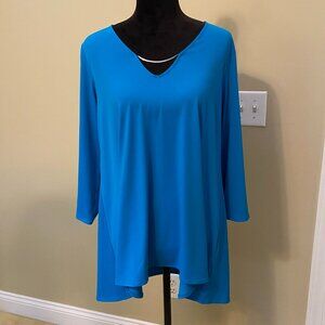 Alfani Hi/Lo Long 3/4 Sleeve V Neck Shirt, Blue. Size L